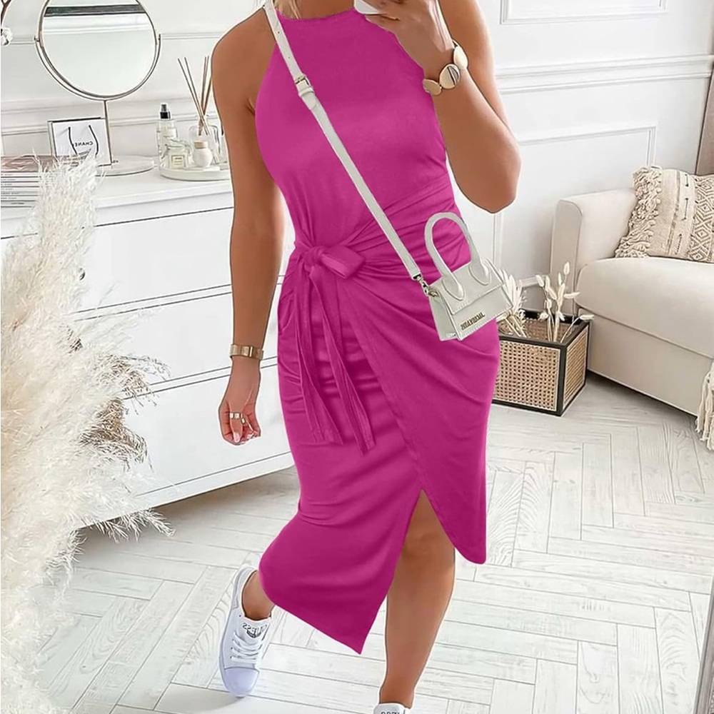 Women’s Fuchsia Tie-Waist Midi Dress